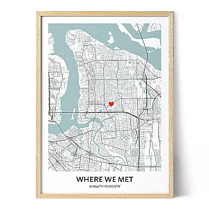 Framed Where We Met map print with a heart marking a meaningful location