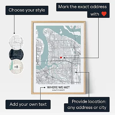 Where We Met map print with labels for style, location marker and custom text