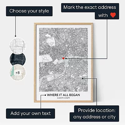 Where It All Began map print showing style, heart marker, location and custom text