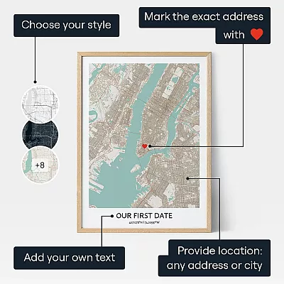 Our First Date map print showing style, heart marker, location and custom text