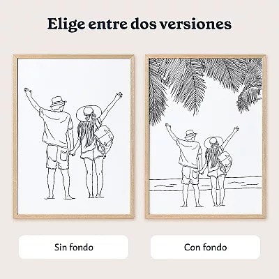 Dos versiones de un póster line art personalizado con una pareja, disponibles sin fondo o con fondo.