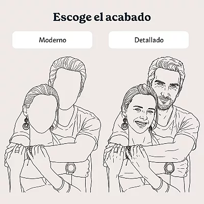 Comparación de dos acabados para un retrato line art personalizado: estilo moderno y estilo detallado.
