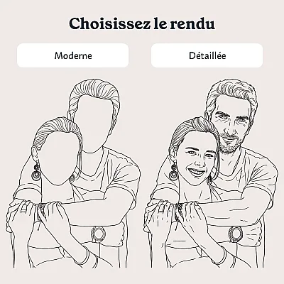 Comparaison de deux rendus pour un portrait line art personnalisé : style moderne et style détaillé.