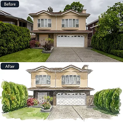 Before-and-after comparison showing a house photo transformed into a personalized watercolor home portrait.