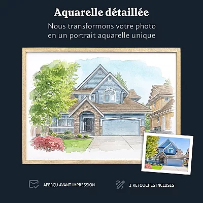 Portrait aquarelle personnalisé d’une maison bleue réalisé à partir d’une photographie.
