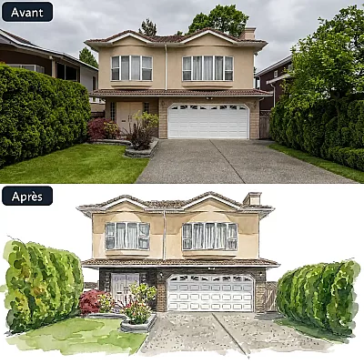 Comparaison avant-après entre la photographie d’une maison et son portrait aquarelle personnalisé.