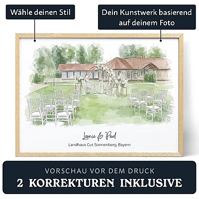 Personalisierte Aquarellzeichnung des Hochzeitsorts