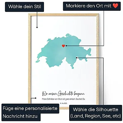Benutzerdefinierte Aquarellkarte — personalisierter Kunstdruck - Schweiz