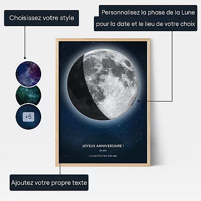 Naissance Lune — affiche personnalisée de la phase de lune