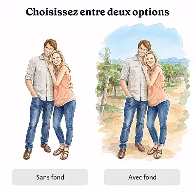 Illustration personnalisée d’un couple avec deux options : sans arrière-plan et avec un arrière-plan de style aquarelle.