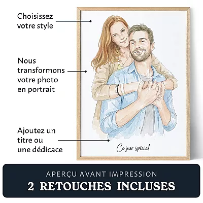 Portrait personnalisé de couple à partir d’une photo, avec options pour choisir le style artistique, transformer la photo en œuvre d’art et bénéficier de deux retouches gratuites.
