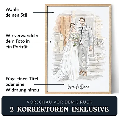 DE 01Individuelles Hochzeitsporträt im Holzrahmen mit deutschem Text, das zeigt, wie ein Foto in ein personalisiertes Kunstwerk mit Titel oder Widmung verwandelt wird. - Individuelles Hochzeitsportrat mit Foto als Vorlage