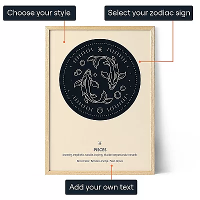 Custom Pisces zodiac sign poster showing options to choose the style, select the zodiac sign and add your own text. - Pisces Zodiac Sign Art