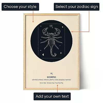 Custom Scorpio zodiac sign poster showing options to choose the style, select the zodiac sign and add your own text. - Scorpio Zodiac Art