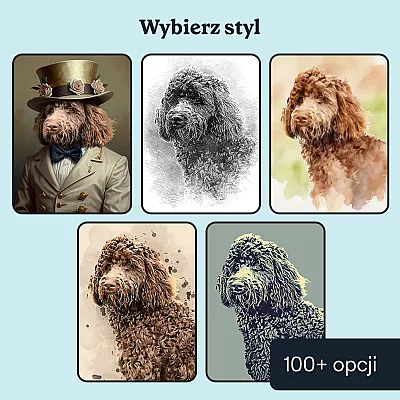 Wybór stylów artystycznych dla personalizowanego portretu psa, w tym akwarela, szkic ołówkiem, portret vintage i pop-art.