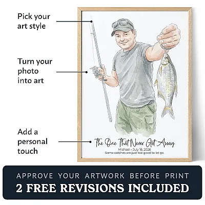 Personalized fisherman watercolor portrait created from a fishing photo
