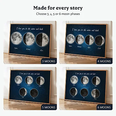 Personalized multi moon phase prints showing design options with three, four, five, or six moons.