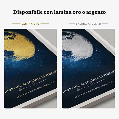 Confronto tra poster con fase lunare in lamina oro e argento.