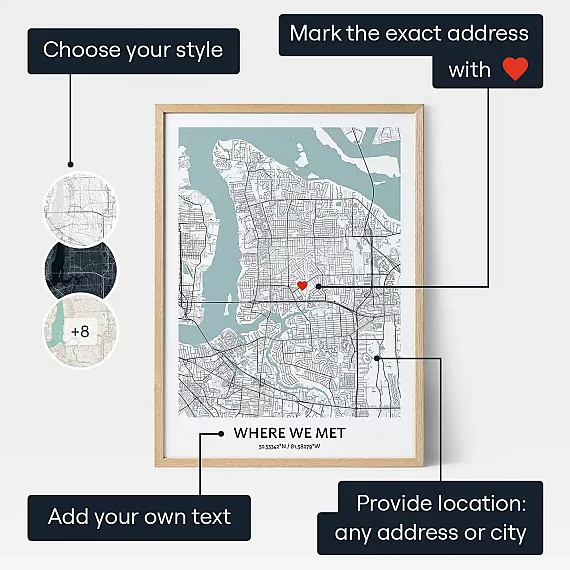 Where We Met map print with labels for style, location marker and custom text