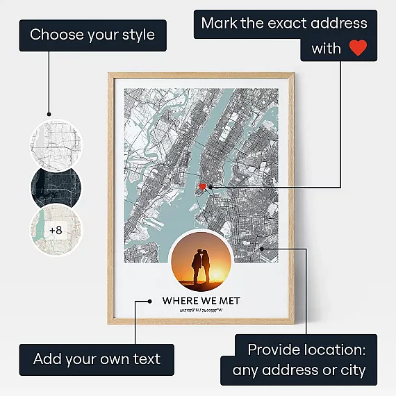 Where We Met Map With Photo — personalised map of where you first met
