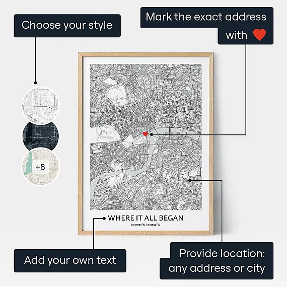 Where It All Began map print showing style, heart marker, location and custom text