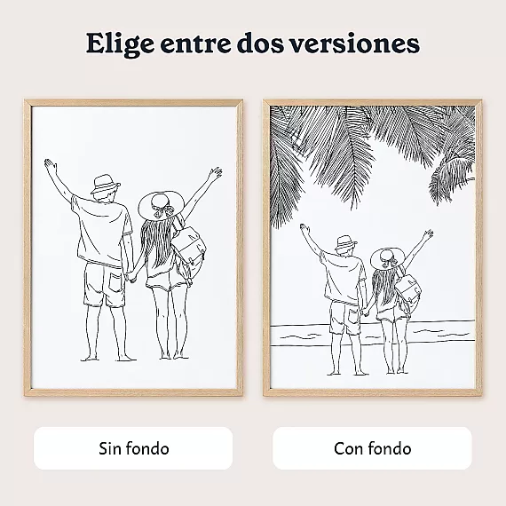 Dos versiones de un póster line art personalizado con una pareja, disponibles sin fondo o con fondo.