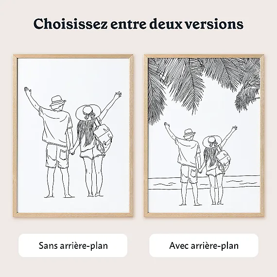 Deux versions d’une affiche line art personnalisée avec un couple, disponibles sans arrière-plan ou avec arrière-plan.