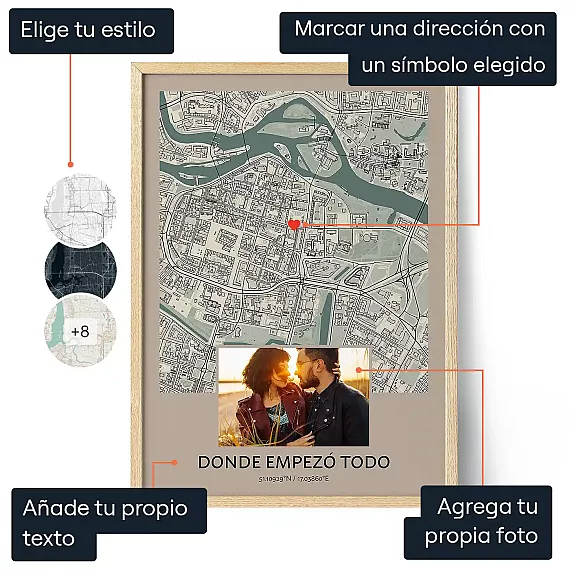 Póster personalizado con mapa de la ciudad, una foto de pareja en forma de corazón, texto personalizado, opciones de estilo de mapa y una dirección marcada.