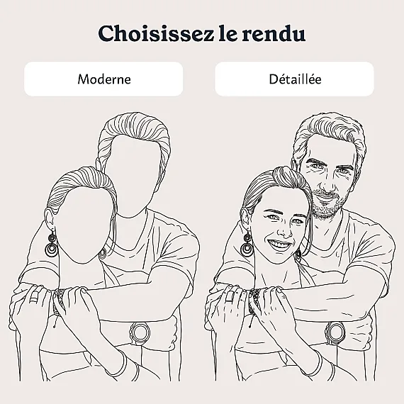 Comparaison de deux rendus pour un portrait line art personnalisé : style moderne et style détaillé.