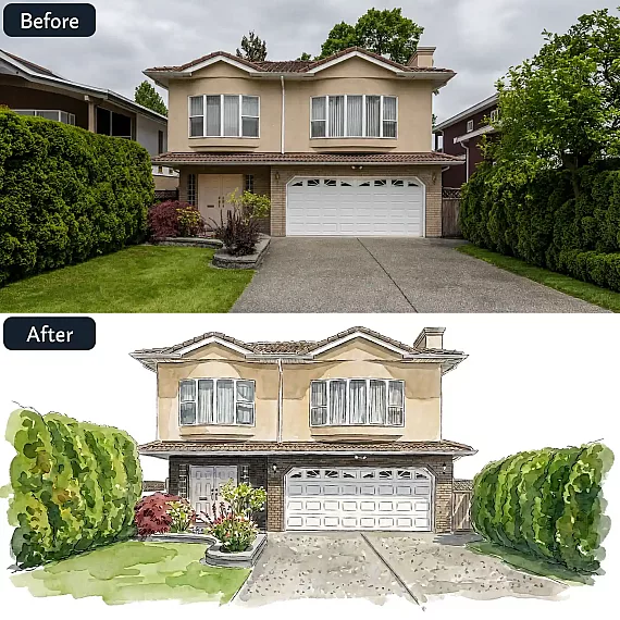 Before-and-after comparison showing a house photo transformed into a personalized watercolor home portrait.