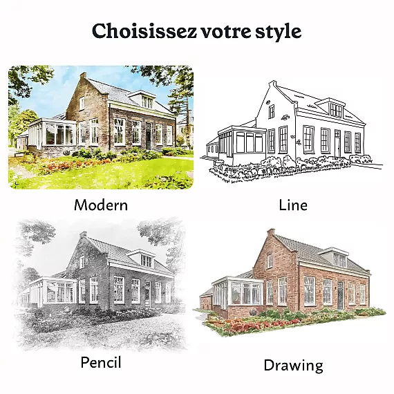 Quatre styles de portrait de maison personnalisé : moderne, dessin au trait, croquis au crayon et illustration en couleur.