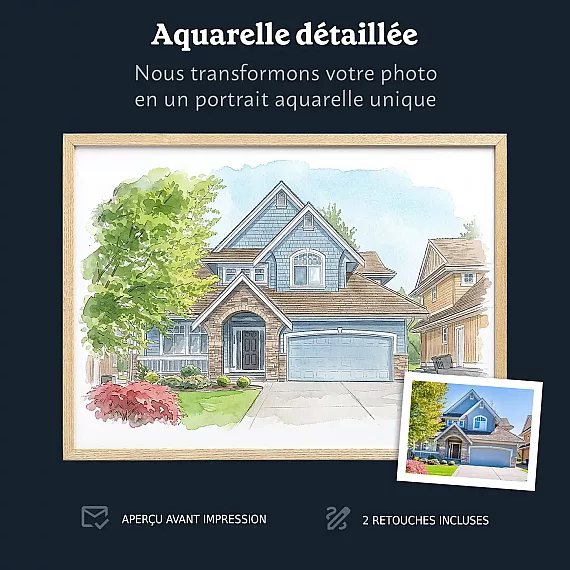 Portrait aquarelle personnalisé d’une maison bleue réalisé à partir d’une photographie.