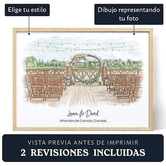 Retrato personalizado en acuarela del lugar de la boda