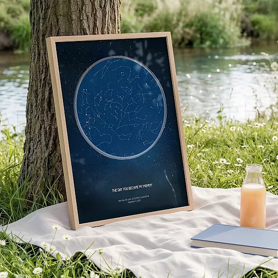 Custom star map print placed outdoors by a river showing the night sky from the day you became my mommy.