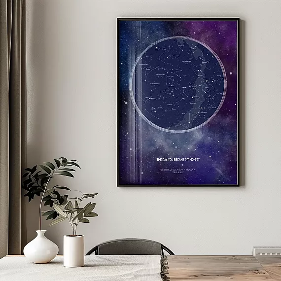 Framed night sky poster displayed on a wall featuring the day you became my mommy star map design.