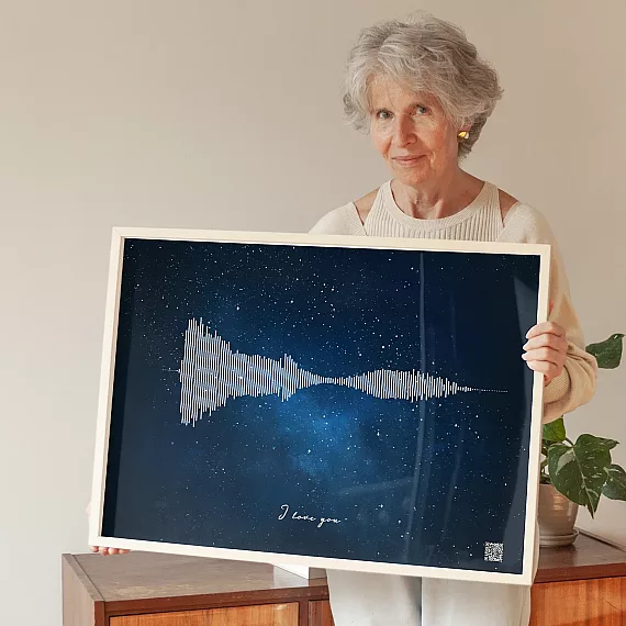 voice recording soundwave wall art personalized print held by woman with night sky background