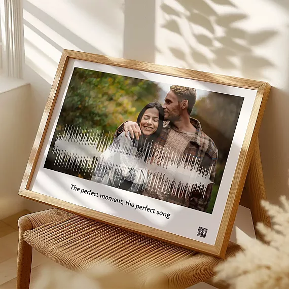 soundwave art wall decor with couple photo in cozy interior setting