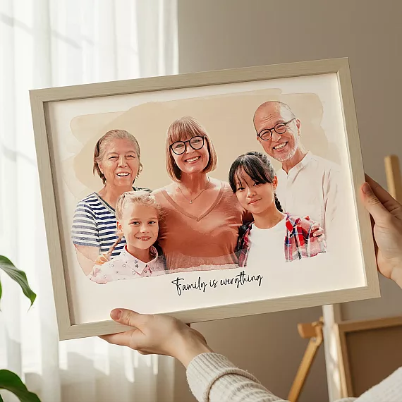 Personalized Custom Family Portrait from Multiple Photos featuring a multigenerational family in a framed watercolor print.