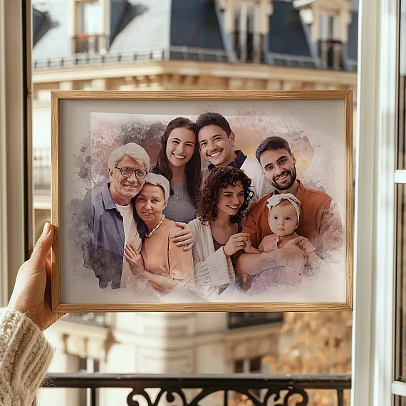 Custom Family Portrait from Multiple Photos held near a window with personalized watercolor family artwork.