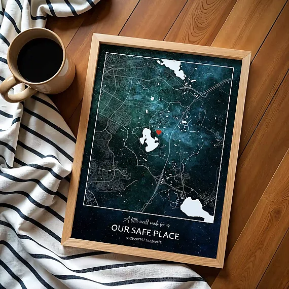 Framed New Home Map print with galaxy-style city map and personalized location marker.