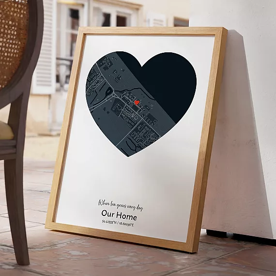 Heart-shaped New Home Map poster with custom location and minimalist framed design.