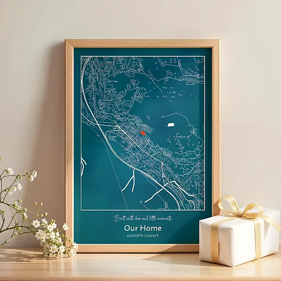 Personalized New Home Map artwork in wooden frame with custom city layout and heart marker.