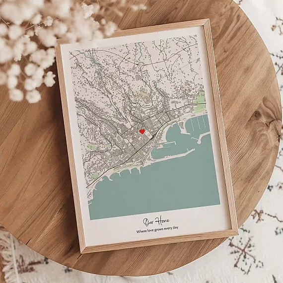 Minimalist New Home Map print with custom city map and red heart location marker.