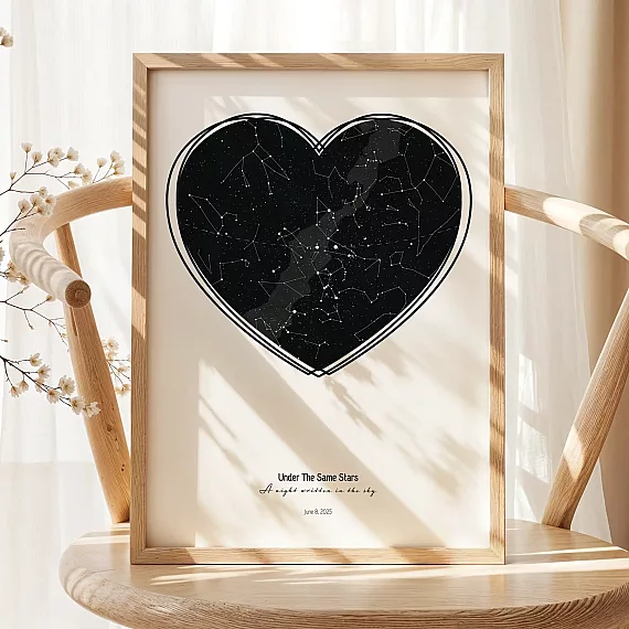 Heart-shaped personalized star map poster for wedding day displayed in wooden frame.