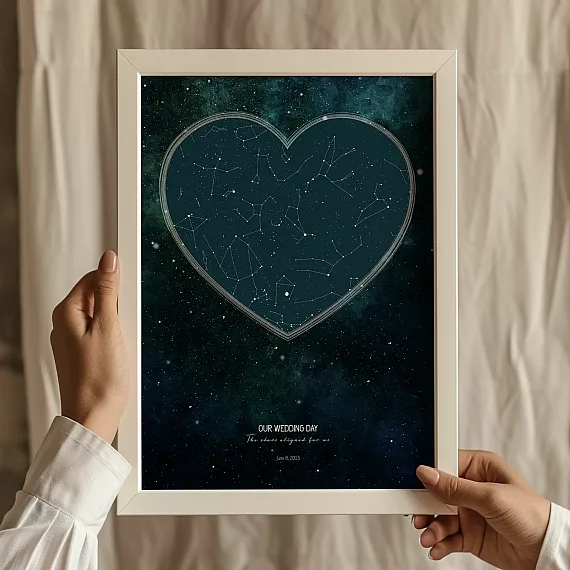 Custom wedding star map print with heart constellation design held in hands.