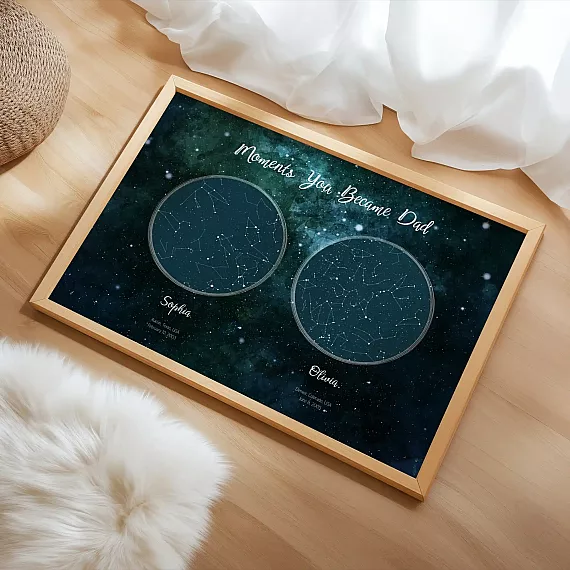 Minimalist framed dad star map print with two black heart-shaped night skies.