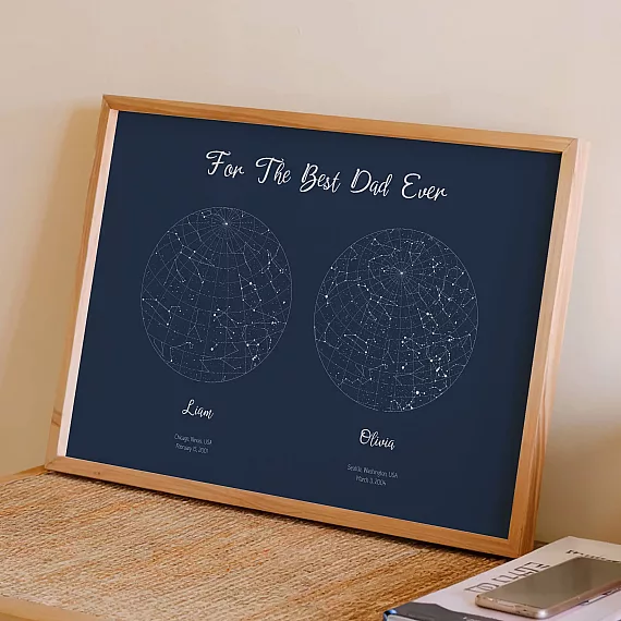 Framed custom dad star map poster with two personalized constellation charts on navy background.