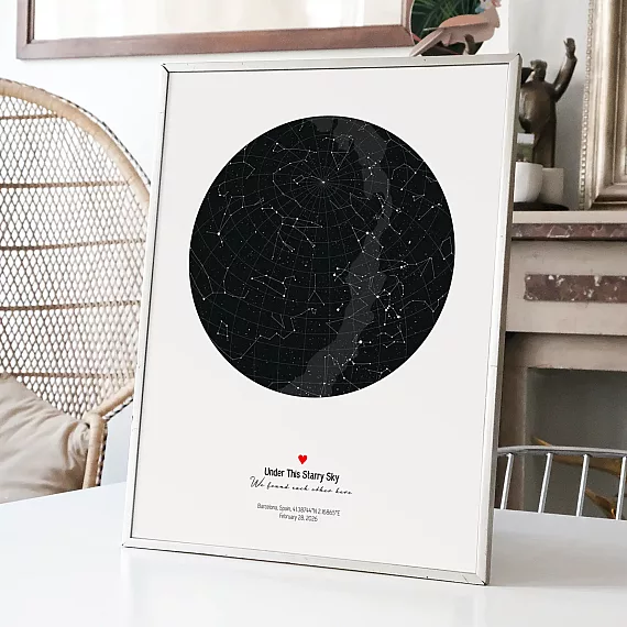 Framed custom star map print displayed on a table, featuring a personalized night sky design and the phrase “Under This Starry Sky”