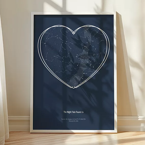 Framed Stars The Night We Met heart constellation print standing against a wall in warm natural sunlight.