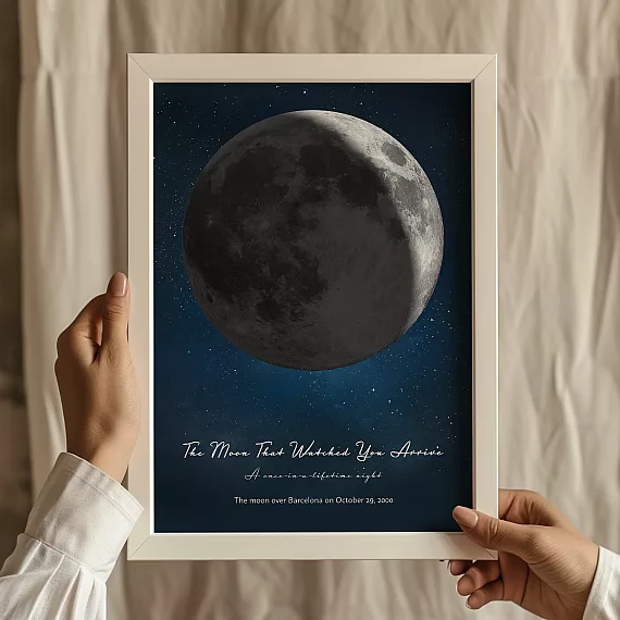 Hands holding a personalized birthday moon poster with a dark moon phase design.